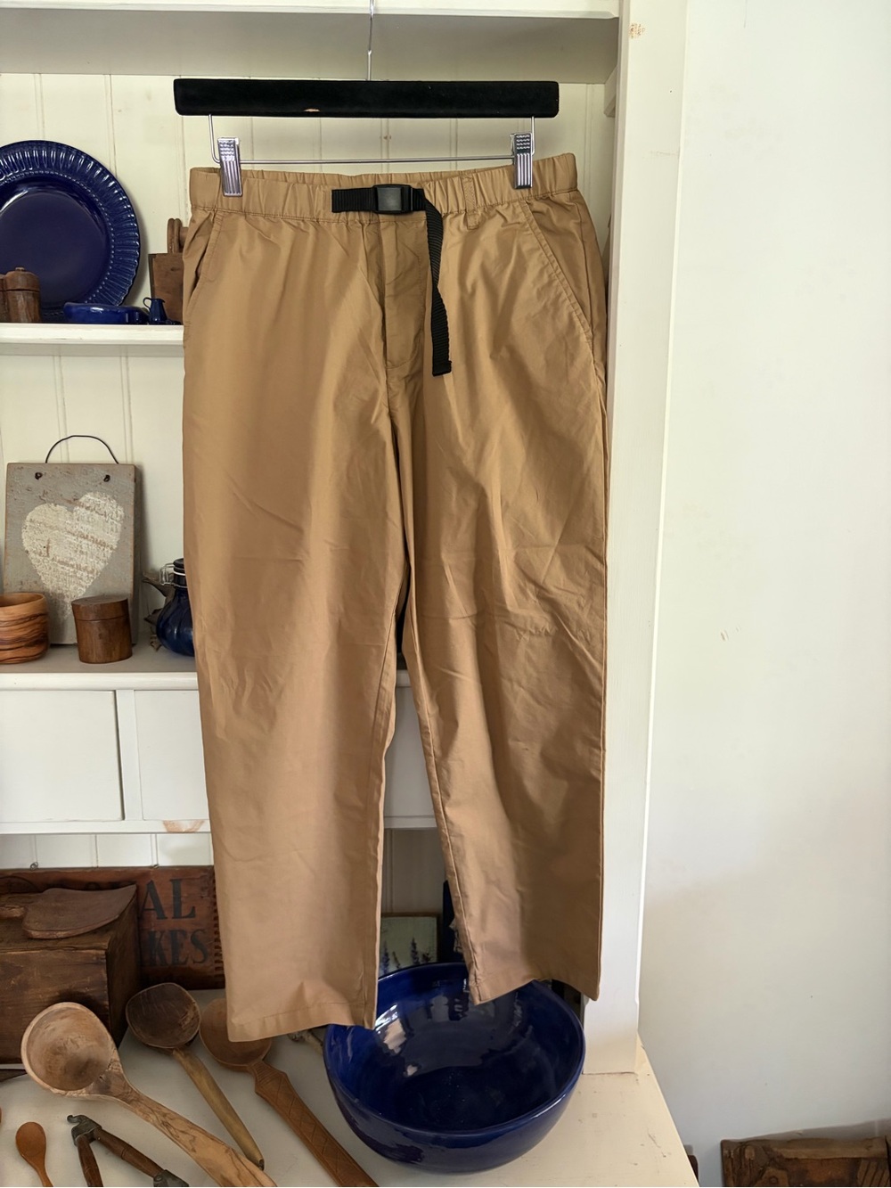 Muji Women’s Tan Chino Pants with Built-In Web Belt